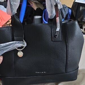 Tahari Black Pebbled Tote with Logo Charm